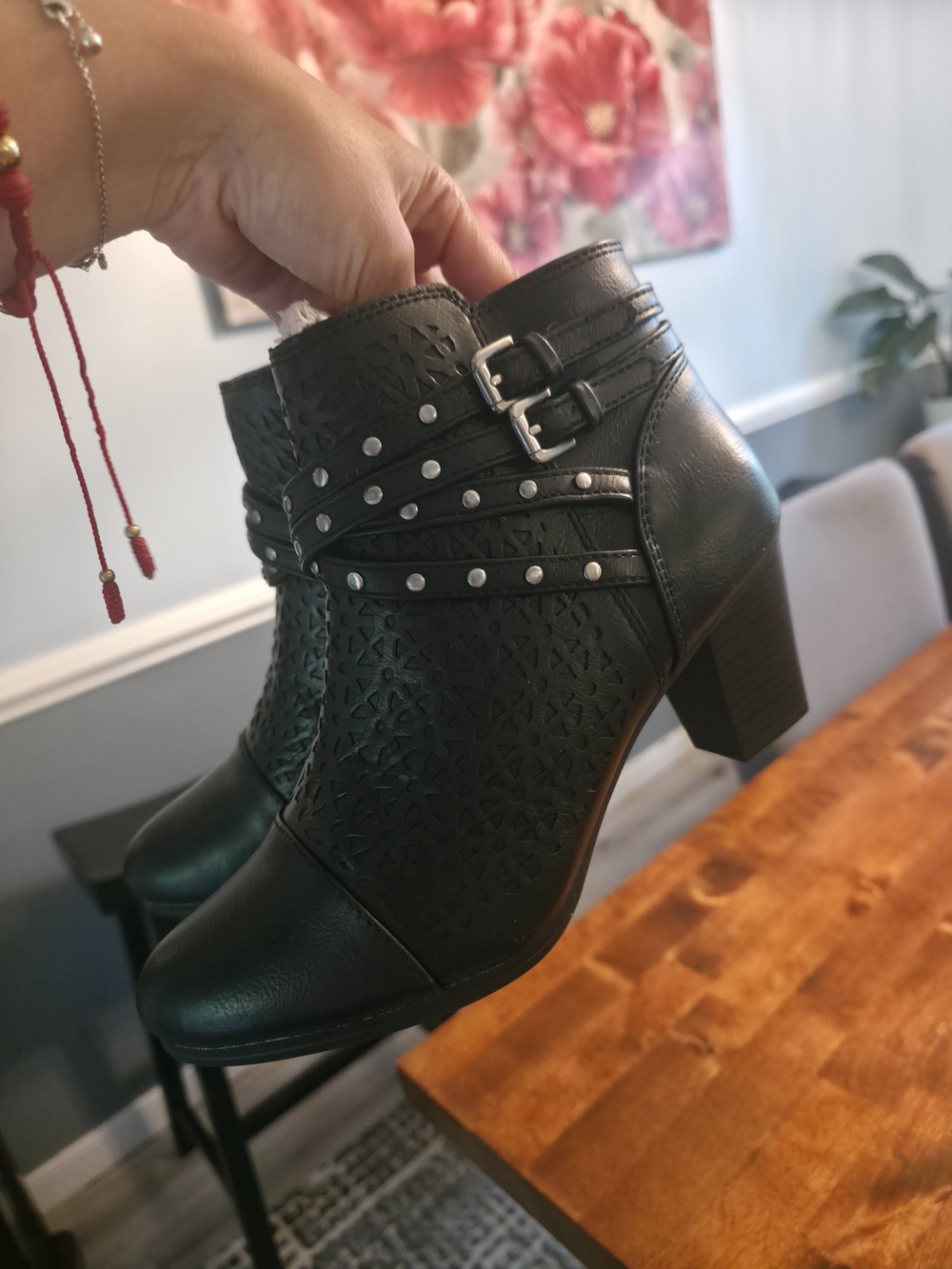 Rialto Black Laser-Cut Stud Strap Ankle Booties